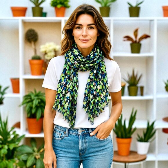 Ann Taylor Oblong Scarf Multi-Color Raw Fringe Rayon + Wool Watercolor 72" - Picture 2 of 15